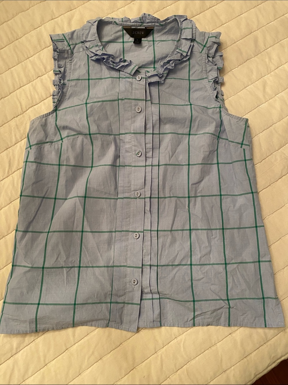 J. Crew Factory Light Blue and Green Windowpane Ruffle Sleeveless Button-Up Top